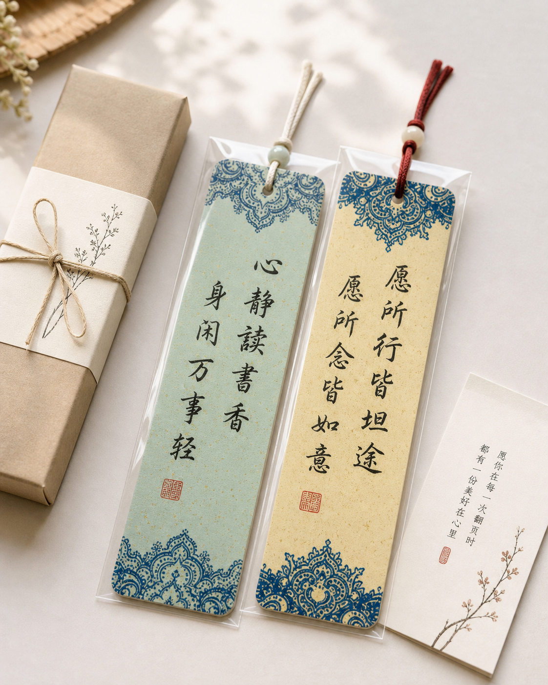 Orange handmade calligraphy bookmark in a clear sleeve