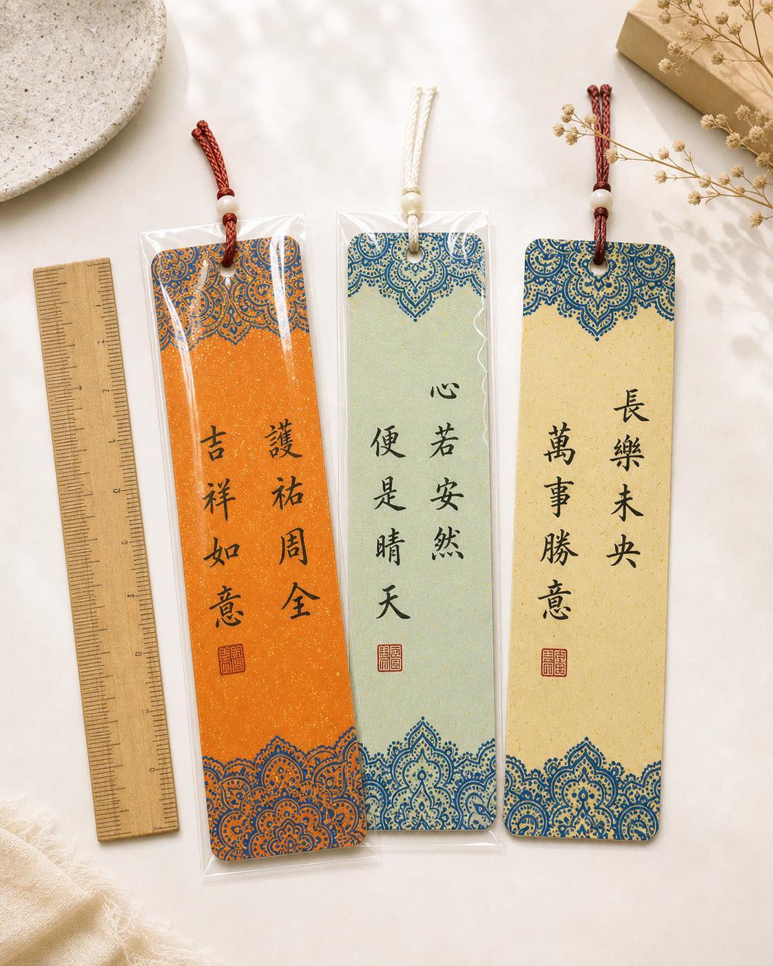 A fan of handmade calligraphy bookmarks in protective sleeves