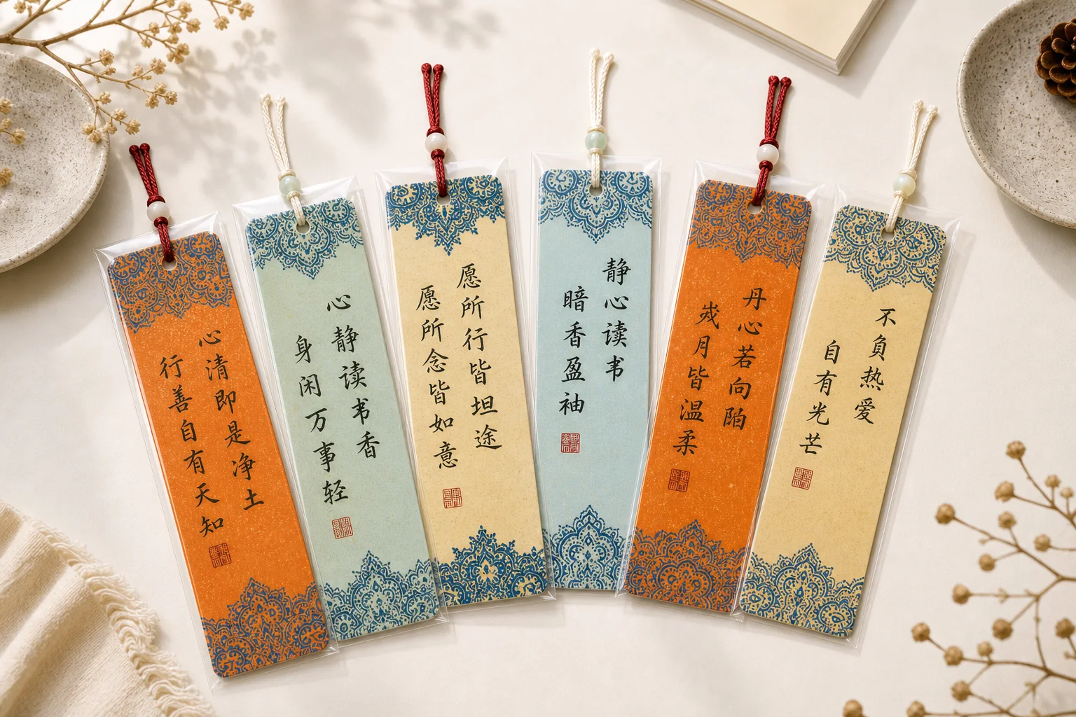 Six handmade calligraphy bookmarks fanned in protective sleeves