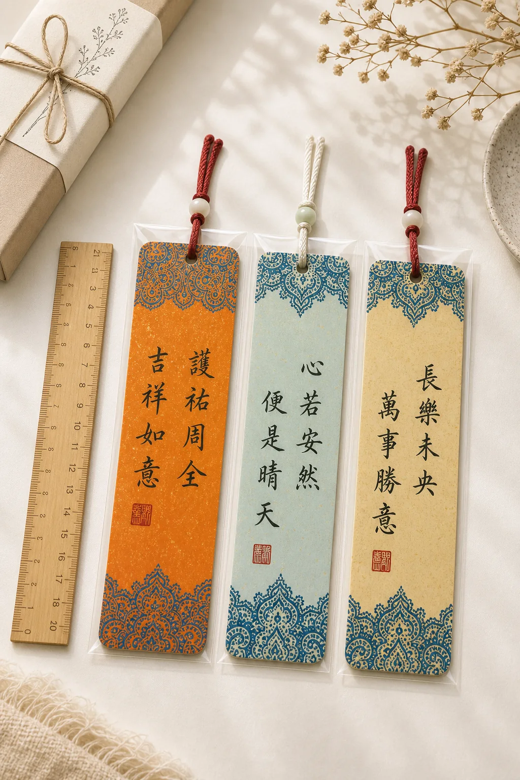 Three handmade calligraphy bookmarks beside a ruler