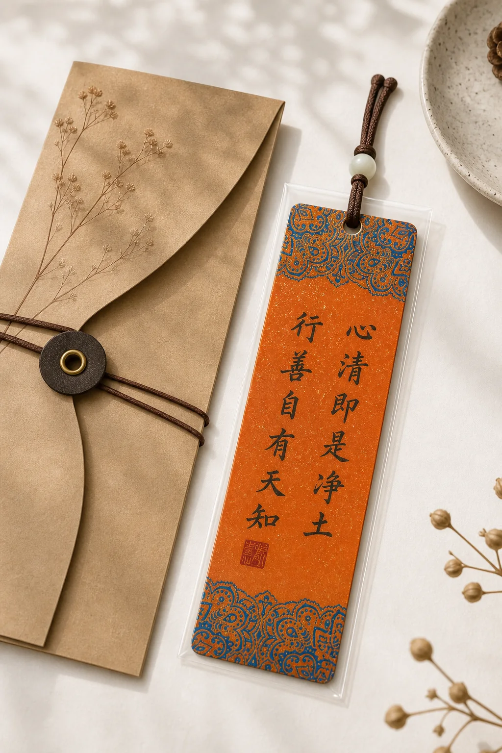 Single orange handmade calligraphy bookmark in a clear protective sleeve