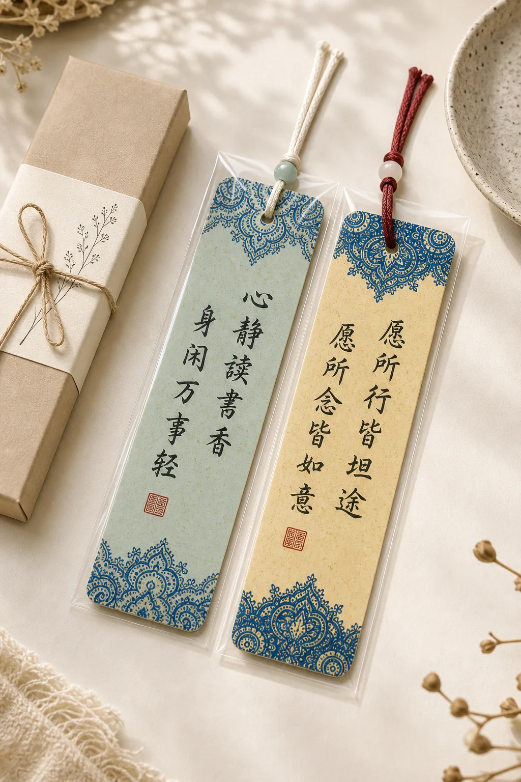 Two handmade calligraphy bookmarks with gift packaging