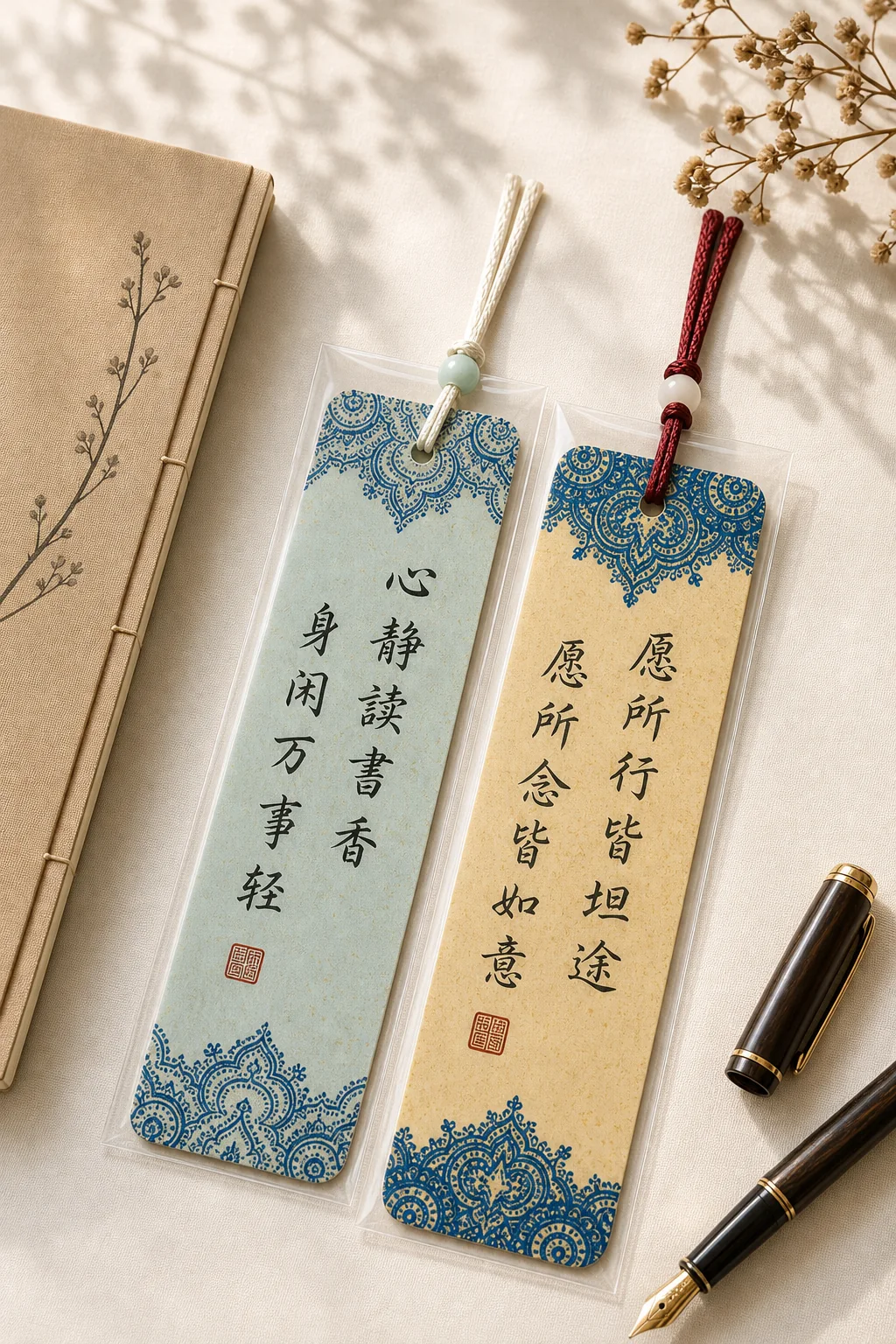 Two handmade calligraphy bookmarks with gift packaging