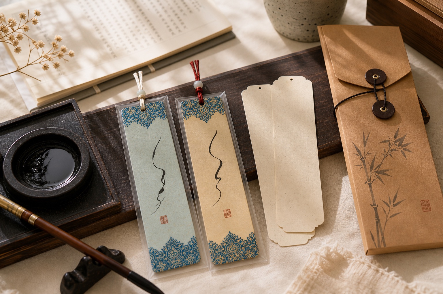A calligraphy desk with brushes, bookmark blanks, finished bookmarks, and kraft packaging.