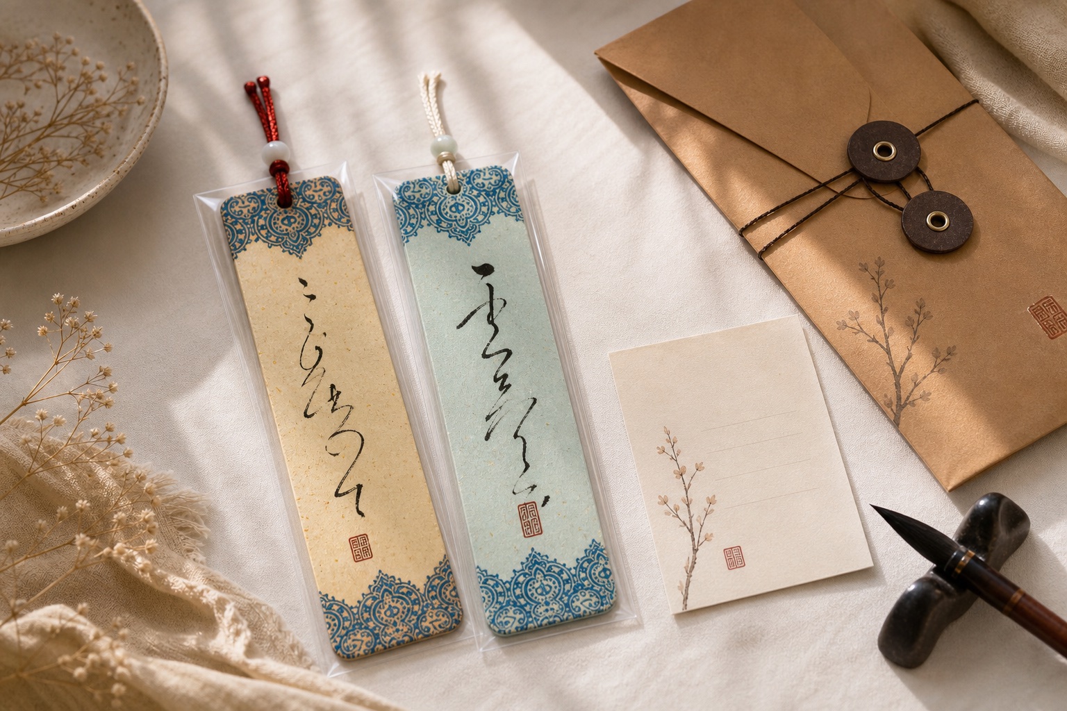 Packaged bookmarks, an order note card, envelope, and support card on a desk.