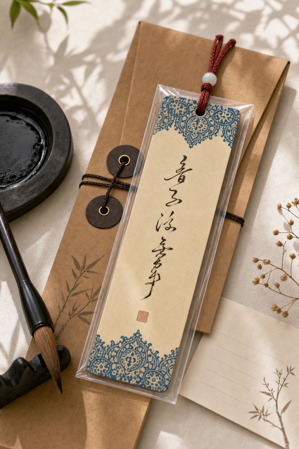 A custom handwritten Chinese calligraphy bookmark beside stationery and gift packaging.