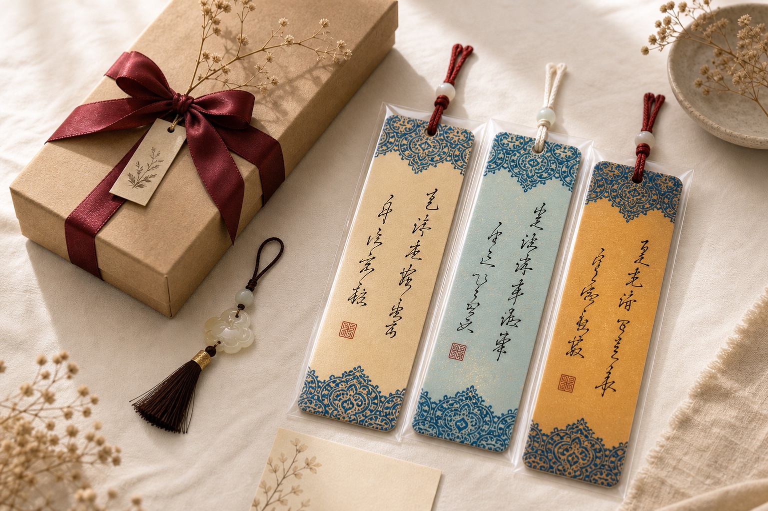 Calligraphy bookmarks, a small charm, and gift packaging arranged on a warm tabletop.